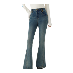 快鱼2024年女中弹时尚新款微喇裤洗水网红潮流牛仔裤