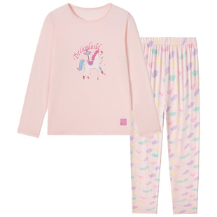 SCHIESSER舒雅女童中大童莫代尔彩虹独角兽印花睡衣家居服套装