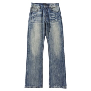 美式复古水洗潮牌牛仔裤男小众设计宽松直筒裤微喇裤子闪电纹长裤