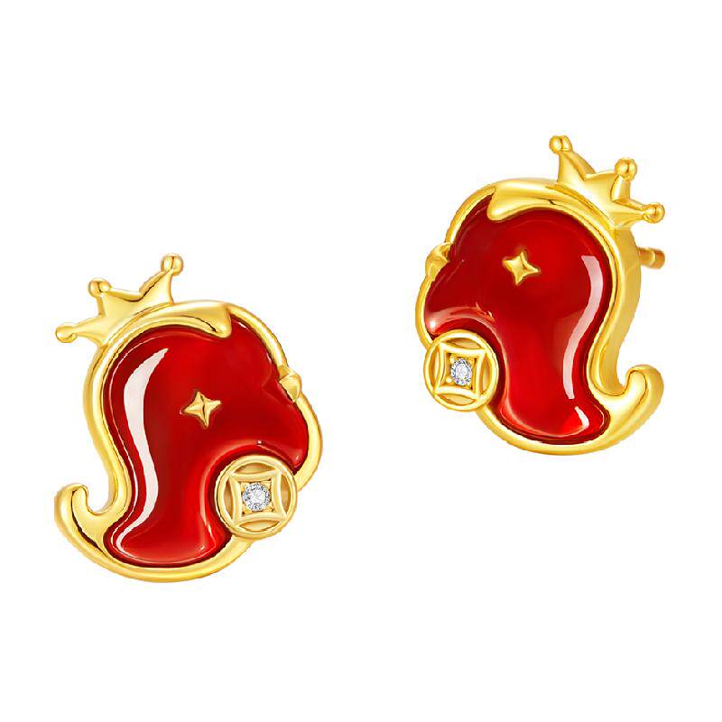 中国黄金珍尚银红玛瑙小蛇耳钉纯银耳饰高级感生日礼物送女友S925