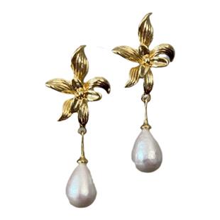 新中式幽谷兰花水滴耳环轻盈棉花珍珠耳钉古风摇曳生姿花朵耳饰女