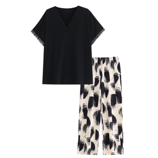 睡衣女款夏季纯棉短袖长裤时尚可外穿出门黑色套头家居服夏天套装