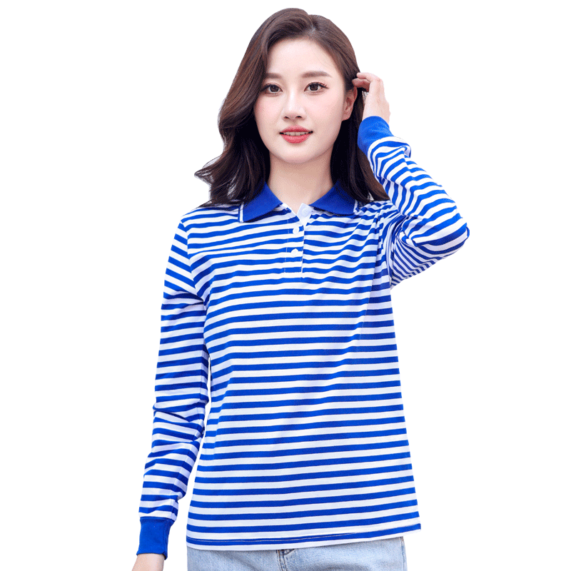 海魂衫女士翻领Polo衫长袖T恤定制工作服蓝白色条纹中老年妈妈装