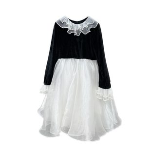 Qimoo/淇木25春季新款童装女童丝绒珍珠花边撞色连衣裙QSS1LP140A