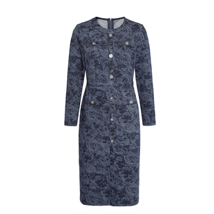 马天奴2025秋冬新款藏青色印花圆领长袖收腰修身连衣裙子气质时尚