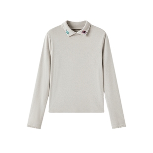 飞鸟和新酒拼接蕾丝双面绒感翻领T恤女2025冬新款保暖内搭打底衫