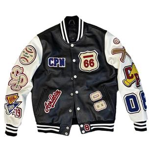 秋冬头层小牛皮棒球服黑白撞色真皮皮衣短款皮夹克多刺绣外套男潮