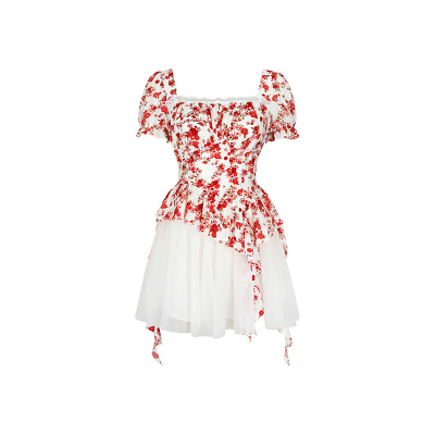 安妮不火假两件网纱拼接碎花方领连衣裙女微胖大码设计感方领裙子