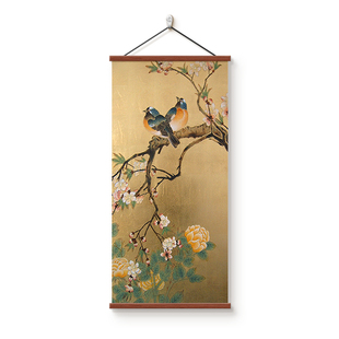 中古风喜上眉梢入户玄关装饰画牡丹花鸟过道尽头挂画茶室书房壁画