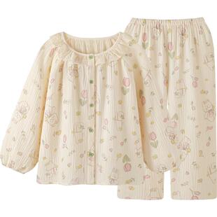 『小兔梦乡』可爱娃娃领清新纯棉纱布睡衣女春秋款家居服大码套装