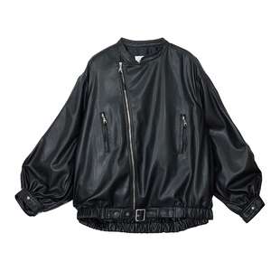 AMERI秋冬潮流女装酷飒碎褶复古机车皮夹克01220630060