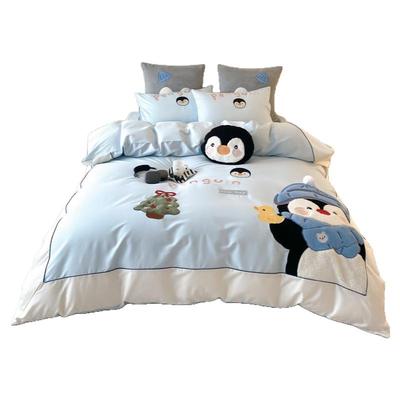 卡通可爱企鹅刺绣长绒棉四件套