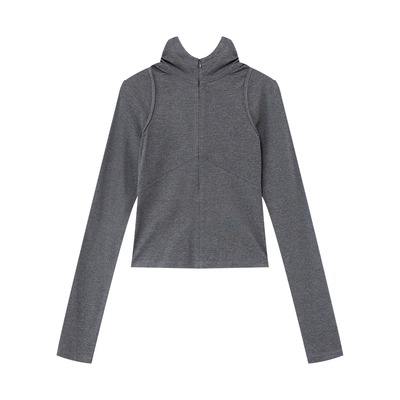 原创廓形修身弹力连帽长袖T恤