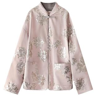 COCOBELLA新中式重工亮片刺绣缎面上衣女立领国风外套SC3020