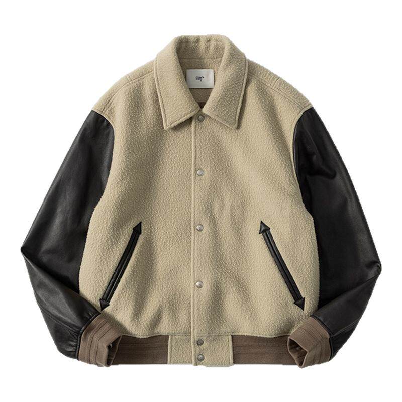 COMMON SCENTS美丽奴全羊毛搓搓呢拼接牛皮袖翻领棒球夹克外套