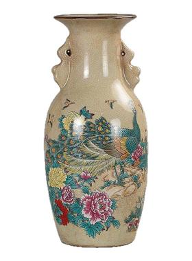 仿古瓷仿居仁堂制粉彩孔雀富贵吉祥花瓶做旧瓷器摆件仿古古玩收藏