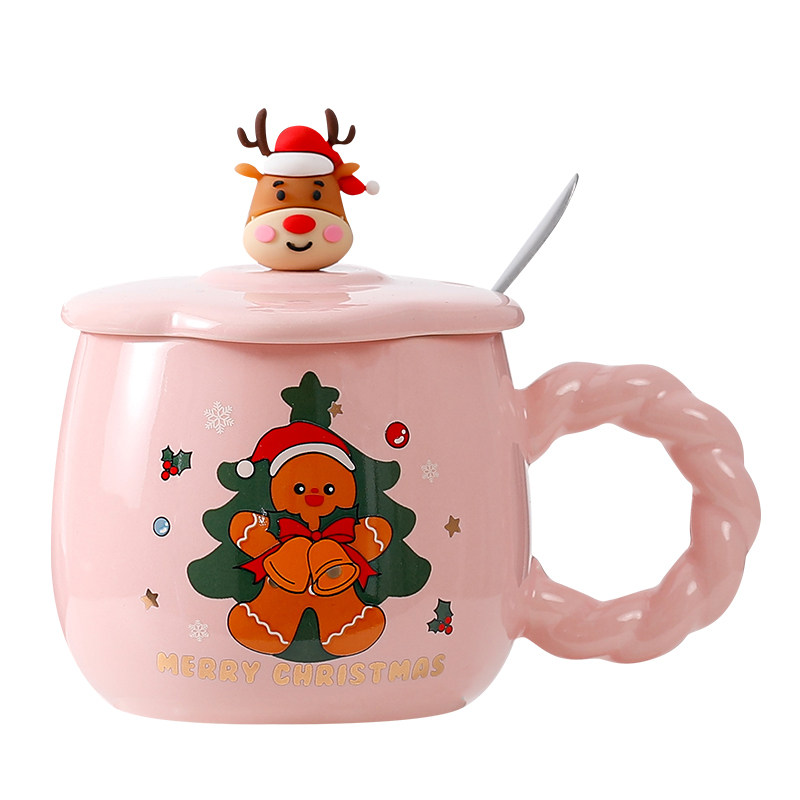 可爱圣诞陶瓷水杯2024新年杯子设计感雪人马克杯带盖勺早餐咖啡杯