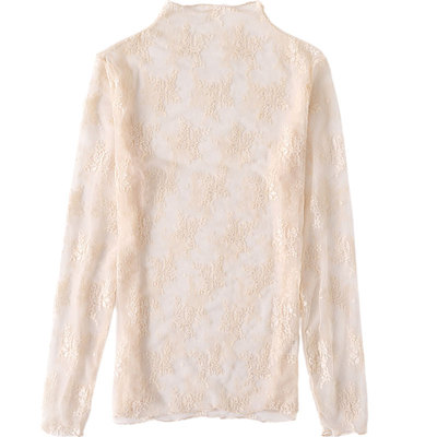 性感半高领万能蕾丝打底衫女春秋款内搭薄纱夏透明网纱上衣小个子