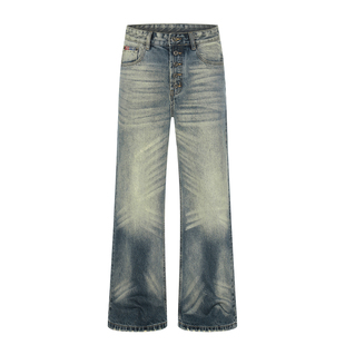 HY711 水洗五连扣泥染猫须A字直筒宽松牛仔裤男女baggy版型裤子
