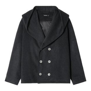 【50%羊毛】Unvesno(UN)Row风老钱保暖极简连帽廓形毛呢大衣外套