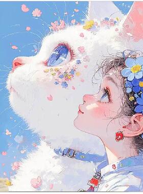 唯美装饰画女孩与猫治愈系可爱卡通现代简约卧室玄关画儿童房挂画