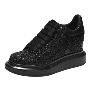 8cm内增高2025秋季新款亮片厚底松糕运动小白鞋女小个子33码黑色