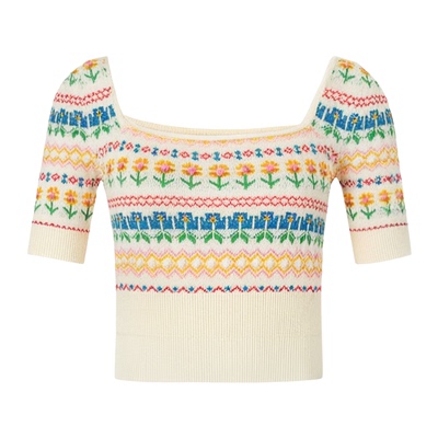 【周也同款】Fabrique 撞色手工立体提花针织短款上衣