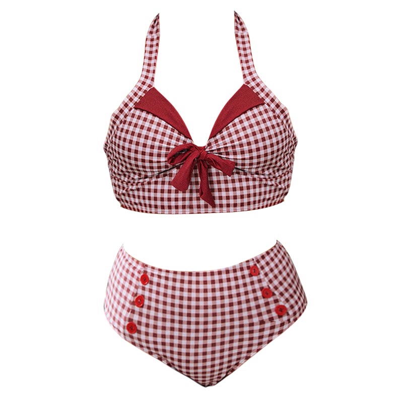 2025欧美红格ins性感比基尼大码胖mm高腰遮肚显瘦分体泳衣bikini