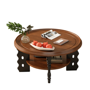 中古风实木茶几圆形法式复古创意茶桌家用小桌子小户型客厅茶几