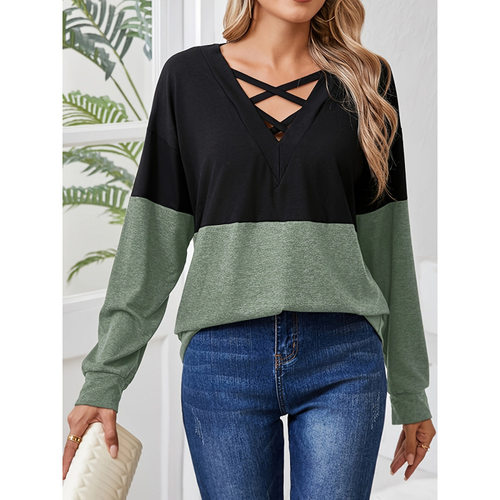 Y 69628 Color block drop shoulder sleeve T-shirt 撞色拼接落