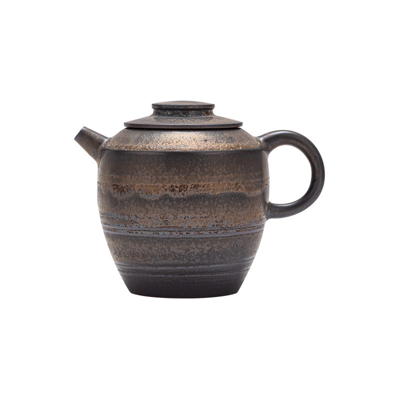 三点水复古粗陶铁锈釉茶壶
