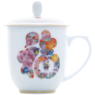 千红窑醴陵釉下陶瓷办公杯茶杯手绘福寿泡茶杯带盖中式生日礼物