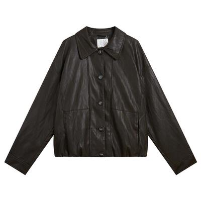 紫涵短款咖色翻领pu皮衣女春秋季新款复古松弛单排扣宽松夹克外套