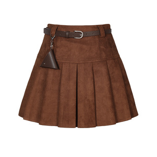 乡美媚美拉德风麂皮百褶裙女高腰显瘦半身裙咖色百搭A字短裙