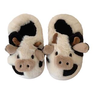 细细条 买一送一黑白小奶牛亲子棉拖鞋毛绒绒软底冬季居家鞋男女