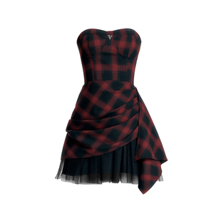 VOCK 叛逆浪漫 暗黑摇滚Nana年会红黑格设计感重工收腰显瘦连衣裙