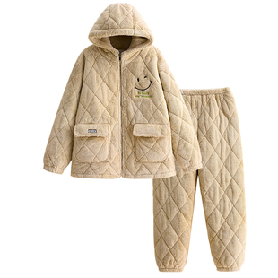 冬季珊瑚绒睡衣女三层加厚夹棉湖南省服冬天加棉袄保暖连帽家居服
