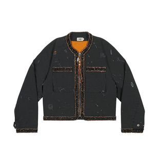 GOODBAI 916 slogan做旧印花破坏花边圆领短装外套