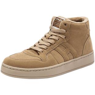 热风男鞋2025年冬季新款男士厚底杏色高帮板鞋加绒保暖休闲鞋子