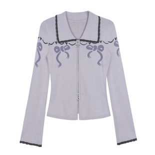 SagiDolls少女斗志 #甜芋奶糖#甜美浅紫蝴蝶结提花针织衫开衫纯欲