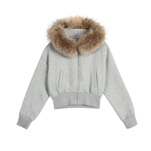 MULVAN【现货7折】可拆卸毛领连帽加绒卫衣女短款美式摇粒绒外套