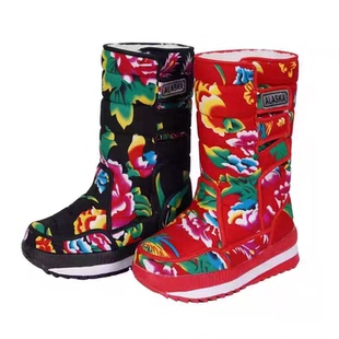 东北大花雪地靴高筒民族风加绒加厚羊毛棉靴防寒防雪户外防滑棉鞋