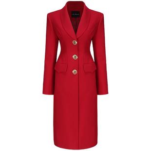 [甄选5折]NanaJacqueline红色西装外套女沙漏修身优雅气质长大衣