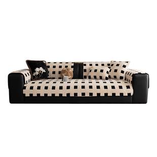 奶油风冬季毛绒沙发垫复古直排高端黑白格加厚轻奢高级感沙发坐垫