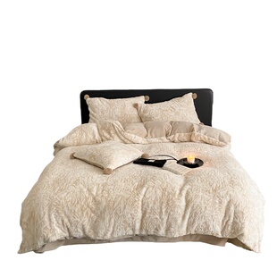 晚安猫轻奢兔毛绒双色雕花四件套冬季牛奶绒床单被套床笠球球床品