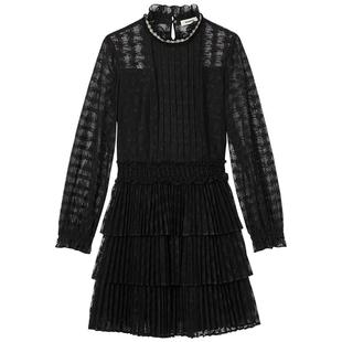 SANDRO Outlets秋冬女装法式气质黑色镶珠木耳边领蛋糕针织连衣裙