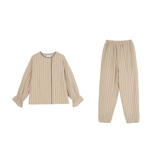 朵朵可可睡衣女2025秋冬新品里外全棉条纹精致中厚夹棉家居服套装