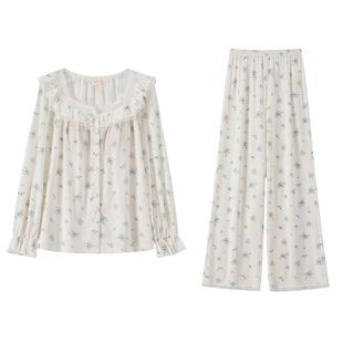 RoseTree莫代尔睡衣女款春秋长袖蕾丝宫廷风家居服两件套装带胸垫