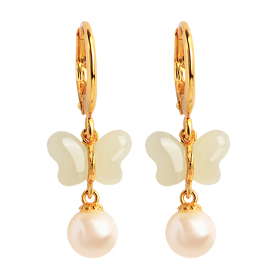 小银匠天然珍珠和田玉蝴蝶银耳环