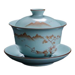 寻汝陈全贵大师汝窑手绘三才盖碗茶杯不烫手开片高档陶瓷天青色
